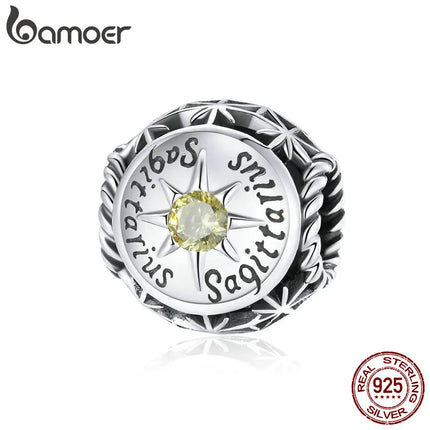 BAMOER Zodiac Star Sign 925 Sterling Silver Charm Beads Fit for Charm Bracelets, 12 Constellations Cubic Zirconia Charm SCC1725