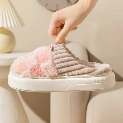 Fashion Couple Winter Toe Wrap Warm Plaid Plush Slippers Men Women Thick Soft Sole Slides Indoor Floor Flat Home Non-slip Shoes