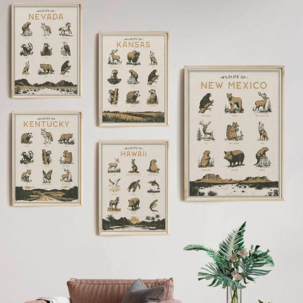 Wisconsin Mexico Kansas Kentucky Nevada Hawaii Wildlife Wall Art Print Vintage Animal Poster Archival Pictures Canvas Painting