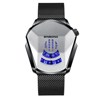 BINBOND Men Popular Fashion Motorcycle Concept Quartz Watch Luminous Steel Band Mesh Watch Touch Screen Black Technology Watch