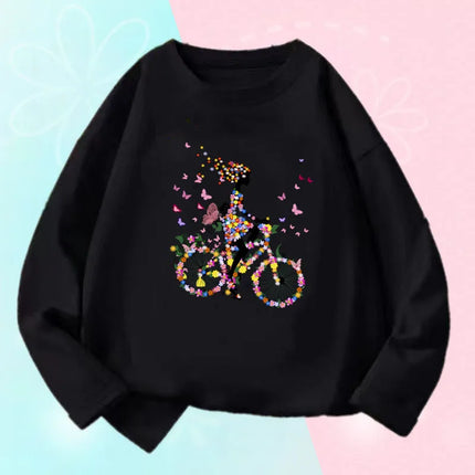 Kids T Shirt Floral Girl with Heart Bicycle Print Tops Girls Casual Cute Graphic Tee Shirt Long Sleeve Cartoon T-shirts