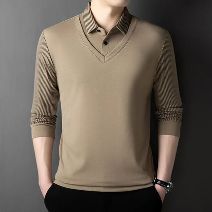 Men's Casual Fashion Long Sleeve Solid Color Polo Shirt 2025 Business Versatile Top All Season Fake Two-Piece