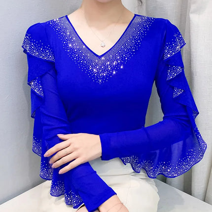 2025 Autumn New Style Mesh Tops Korean Fashion Round Neck Ruffles Shirt Lotus Leaf Edge Hot Diamond Long Sleeve Women T Shirt