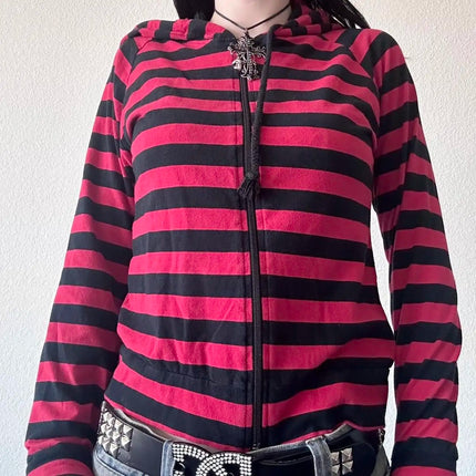 Y2K Striped Zip Up Hoodies Sweatshirts for Women E-girl Gothic Emo Mall Goth Sweatshirts 2000s Retro Harajuku Jackets Streetwear