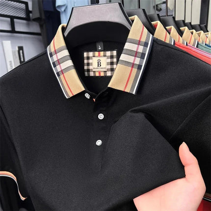 Luxury brand short sleeve polo shirt men's summer silk cotton comfortable breathable plaid lapel top fashion casual golf T-shirt