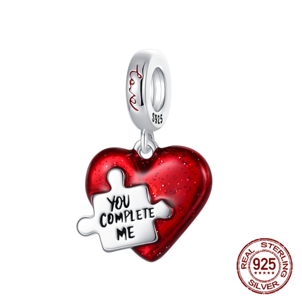 925 Sterling Silver Unique Red Puzzle Heart Dangle Charm Valentine's Day Pendant Fit Original Bracelets Women DIY Jewelry Gift