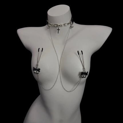 Women's Erotic Collar with Chain and Nipple Clamps Unisex Metal Bell Clamp BDSM Training Toy Body Jewelry Adult Sex Toy 18+