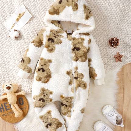 Winter baby girl fashionable casual cute cartoon small bear pattern slanted zipper hooded long sleeved plush jumpsuit