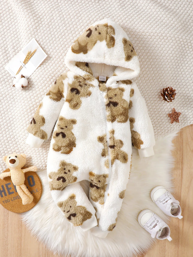 Winter baby girl fashionable casual cute cartoon small bear pattern slanted zipper hooded long sleeved plush jumpsuit