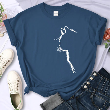 Simple Strokes Of Cat Funny Printed Women T-Shirt Fashion Casual Short Sleeve O-Neck Personality Street Tee Clothing Summer Tops
