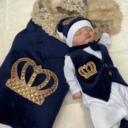 Royal Blue Velvet Baby Romper Outfits Set Welcome Home Nursery Infant Nest Luxury Crown Receiving Blanket Outfit Set
