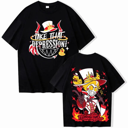 Hazbin Hotel Lucifer Morningstar "Take That Depression!" Theme T-Shirt Double-Sided Design + Dark-Cute Character Graphic
