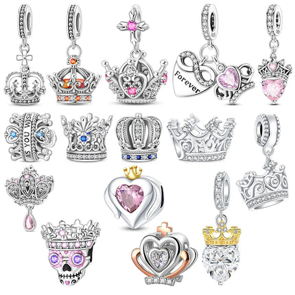 Crown Charms Skull Bead Original 925 Sterling Silver Inlaid Zirconium Pendants Fit Bracelet Necklace Jewelry Lover Gift