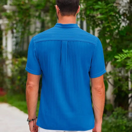 Hawaiian Men's Retro Cotton And Linen Henry Shirt Casual Loose With Sporty Stand-up Collar Buttons 2025 New Men's Casual Shirt