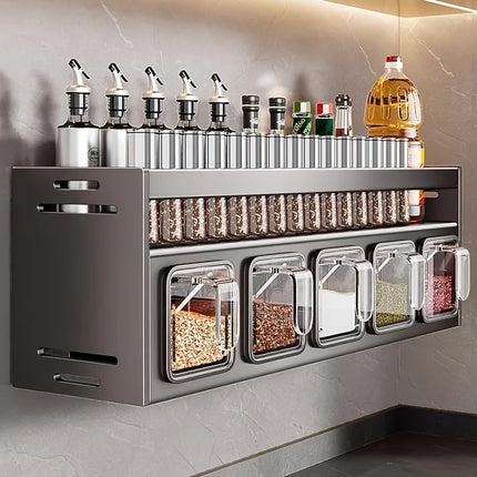 No-Drill Wall Mounted Kitchen Spice Rack Set with Multiple Sealed Jars & Spoon Distributors, Space Saving Pantry Organizer for H