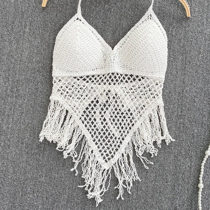 Knitted Tassels Hollow Out Tank Camis for Women Bohemian Style Halter Sleeveless Sexy Femme Corset Crop Tops Beach Tank Camisoles