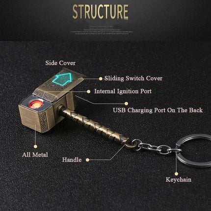 Creative Windproof USB Electric Rechargeable Lighter Thor Hammer Zinc Alloy Flameless Keychain Lighter Men's Smoking Gift