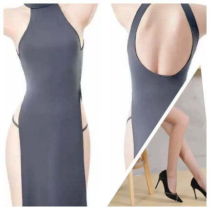 High Slit Cheongsam Uniform Temptation Erotic Nightdress Women Sexy Lingerie Dress+Panties Set Porn Sex Nightie