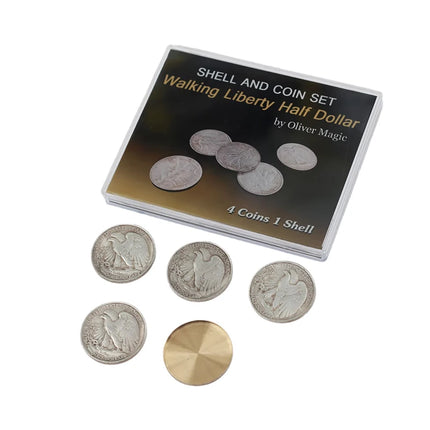 Walking Liberty Half Dollar Shell and Coin Set 4 Coins 1 Shell Coin Magic Tricks Close Up Illusion Gimmick Magia Accessory Copy