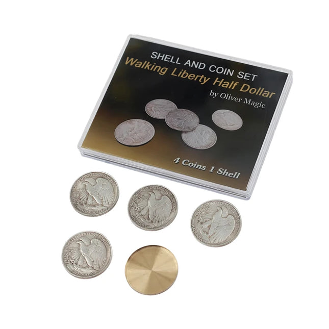 Walking Liberty Half Dollar Shell and Coin Set 4 Coins 1 Shell Coin Magic Tricks Close Up Illusion Gimmick Magia Accessory Copy