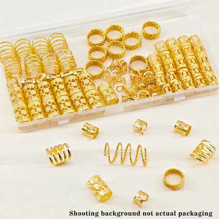 110 Pcs Gold Hair Rings for Braids and Dreadlocks - Metal Rings, Cuffs, Clips Accessory Decorations - Golden Yellow