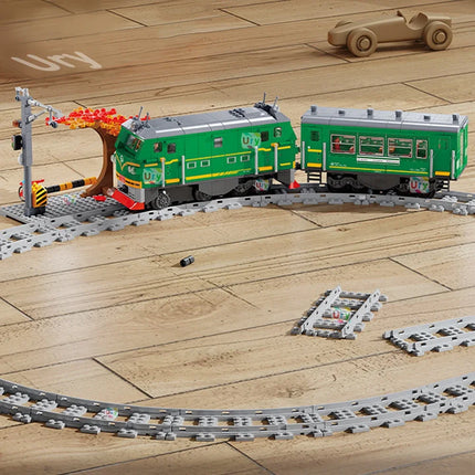 Technical Retro Green Steam Train City Car Electric Model Rechargeable Lithium Battery Motor Building Blocks Toys For Gifts