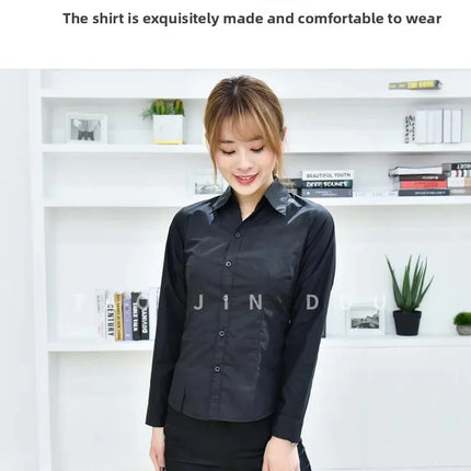 Black Long Sleeve Women's Shirt Professional Formal V-neck Workwear Slim Fit Cotton Work Uniform Button-up Casual Shirt