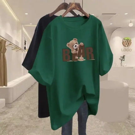 Summer Chic Letter Printing Bear T-shirt Women O-neck Short Sleeve Cotton Basic Top Tee Casual Loose Oversized Pullover 45-105Kg