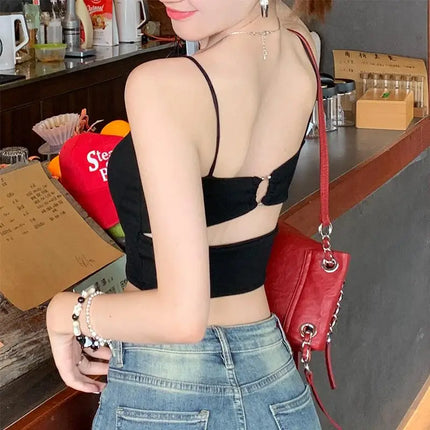 New Women's Tank Tops: Sexy Hollow Back Camisole with Chest Pad, Summer Basic Elastic Tank Top, One-Piece Vest, Casual Short Crop Tops