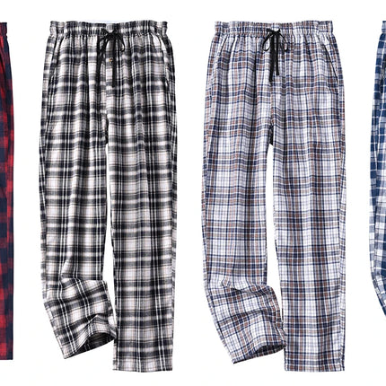 3Pcs Men's 100% Cotton Plaid Pajama Sleeping Pants, Long Plaid Print Sleepwear Pajama Pants with Elastic Waist Homewear