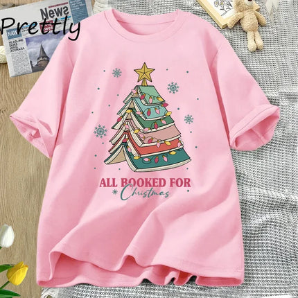Book Tree Christmas T Shirt All Booked for Christmas T-shirt for Book Lover Librarian Teachers Tees Bookish Cotton Tshirt