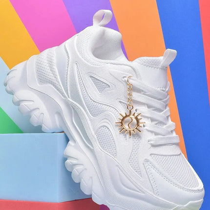 Women increase 6CM platform high heels Four seasons outdoor pure white sneakers Fashion exquisite accessories casual shoes women