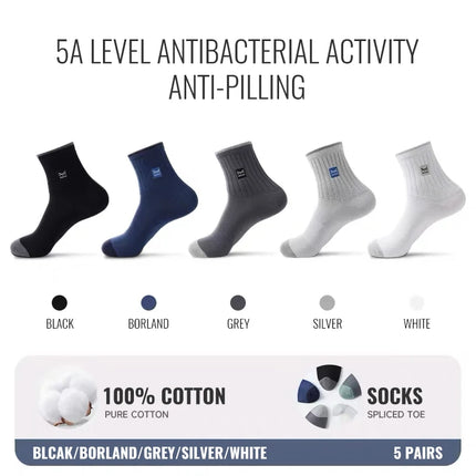 MiiOW 100% Pure Cotton Socks Men Business Dress Sock Anti Odor Crew Socks Antibacterial Breathable Sports Long Sock Black White