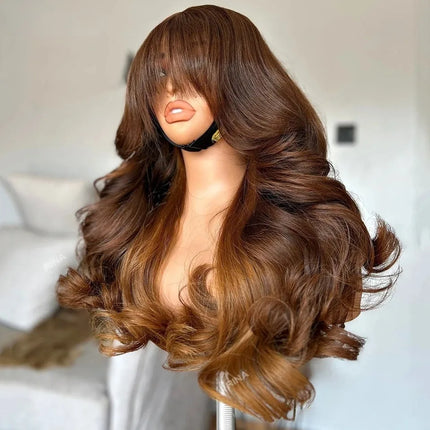 Ombre Brown With Bangs Colored 13x4 Synthetic Lace Frontal Wig Glueless Pre-Plucked Body Wave Wig For Women Daily Wear Cosplay