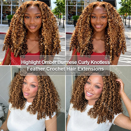 12A P4/27 Burmese Curly Human Hair Pre-Separated Knotless  Highlight Pixie Curls Feather Crochet Miracle Knots Hair Extensions