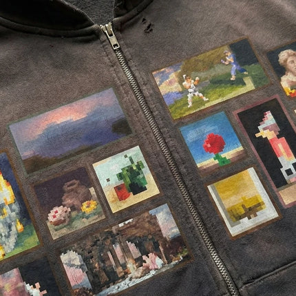Y2K Retro Gallery Hoodie Brown Pixel Painting Art Pattern Zip Up Sweatshirt Trendy Classic Streetwear Unisex Oversize Clothing