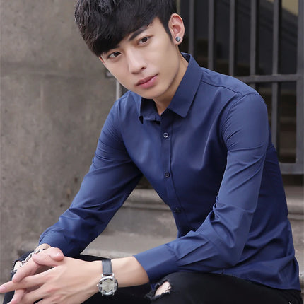 Slim Fit Long Sleeve Silk Men's Shirt Hong Kong Style Workwear Iron-Free Professional Shirt Youth Fashion Spring