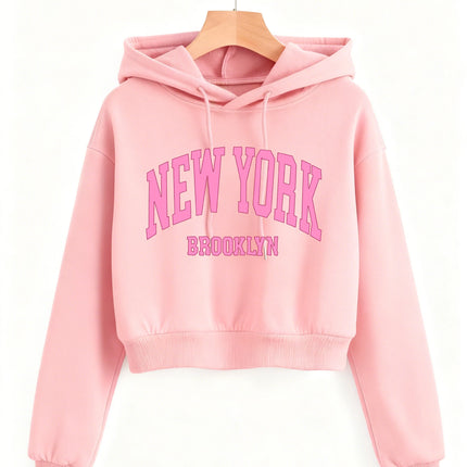 Fashion New York Brooklyn Print Autumn Winter Cropped Sweatshirt Crop Top Hoodie Y2k Sweatshirts Gothic Casual Style Clothes