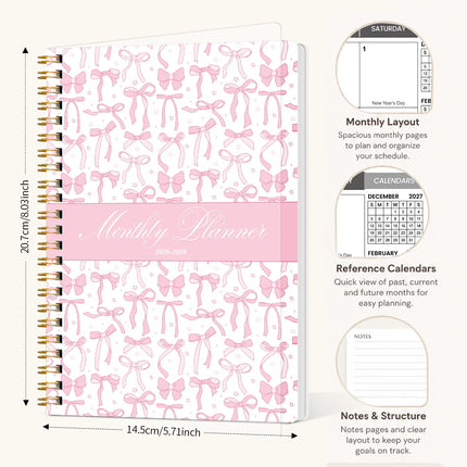 1PC 2026.7-2028.6 Monthly Planner, 24 Month Pink Bow Spiral Agenda Notebook, A5 Schedule Organizer with Notes Pages