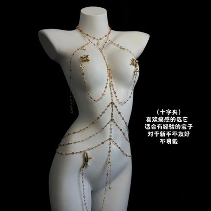 Rhinestone Sexy Chain Nipple Clamps One-Piece Body Chain Luxury Collar Includes Anal Plug and Vaginal Clamps BDSM Training Sexy
