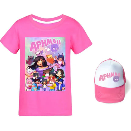 Anime Aphmau Tshit Kids Summer Clothes Baby Girls Cartoon T-Shirt + Sunhat 2pcs Set Boys Short Sleeve Casual Tops Children Tees