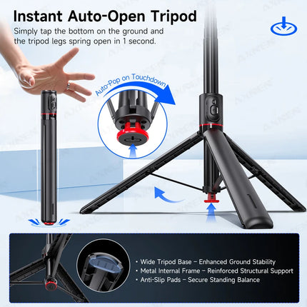 Auto Pop-Up Tripod Portable 70-Inch All-in-one Selfie Stick, Foldable Phone Holder with Bluetooth Remote for iPhone Android