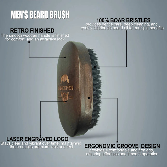 Gracemen Premium Dark Retro Beard Brush Oval Facial Brush for Men - 100% Boar Bristle and Old-Styled Wooden Handle Hair Comb