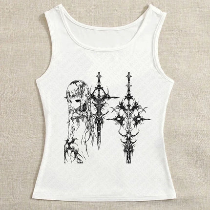 Y2k Style Aesthetic Sweet Sexy Tank Tops Women Sleeveless Casual Cartoon Print Tanks Harajuku All Match Cropped Grunge Emo Girls