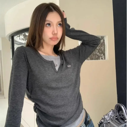 2024 Autumn Winter Long Sleeves Korean Fashion Style O-neck T-shirt for Women Fake Two-Piece T-shirts Ladies Top Tee Clothes