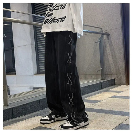 Streetwear Y2k Jeans Pants Lace Up Baggy Black Jeans Man Pants Designer Clothes Side Split 2023 Korean Fashion New