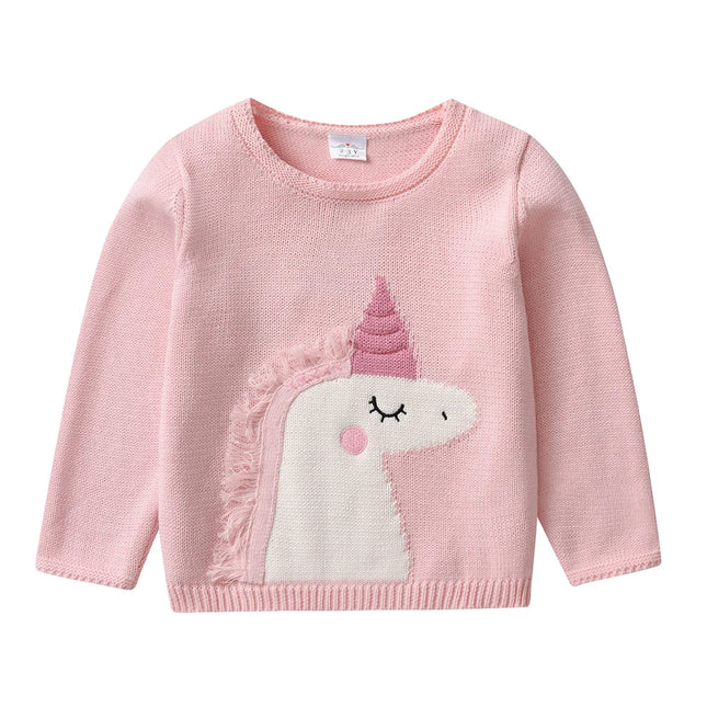 DXTON Baby Girl Knitted Sweater Thicken Loose Pullover Kids Tops Unicorn Applique Winter Warm Knitting Solid Children Sweaters