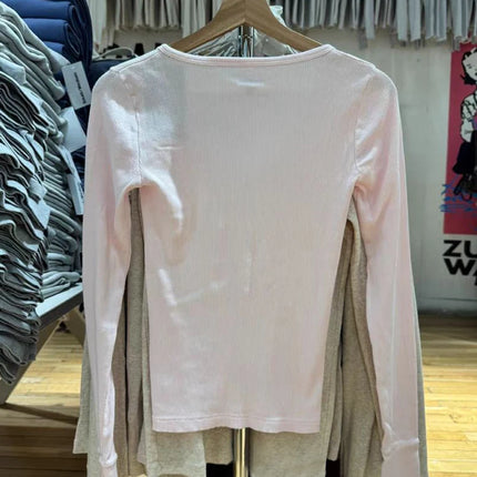 Six Buttons Ribbed Long Sleeve T-shirts Women Spring Round Neck Cotton Slim Tee Top Female Sweet Cute Pink Tshirt Y2k Tops New