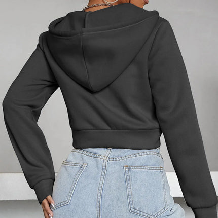 Women's Solid Long Sleeve Drop Shoulder Zip Up Hoodie, Fashion Casual Hooded Cropped Outerwear for Daily Wear, Women Clothes