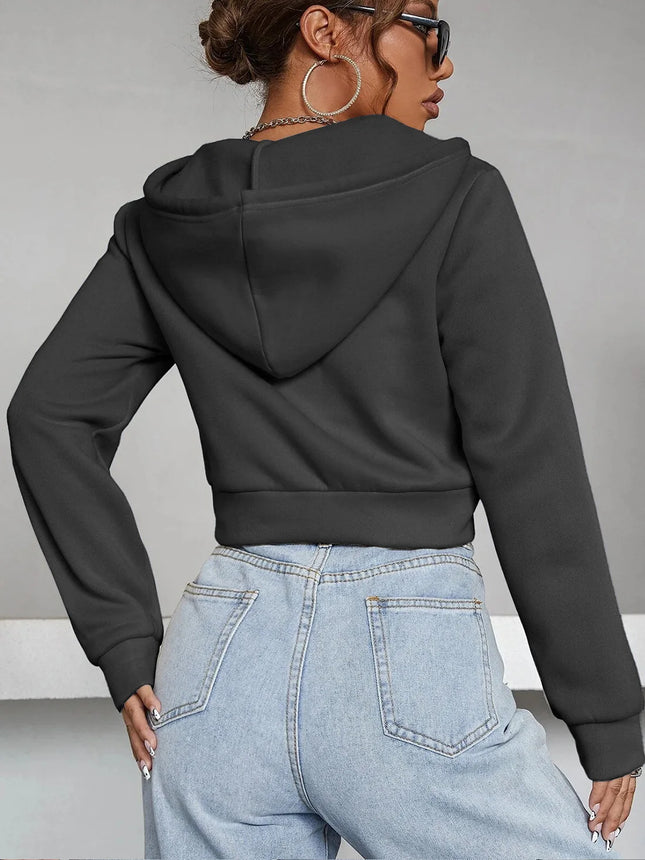 Women's Solid Long Sleeve Drop Shoulder Zip Up Hoodie, Fashion Casual Hooded Cropped Outerwear for Daily Wear, Women Clothes
